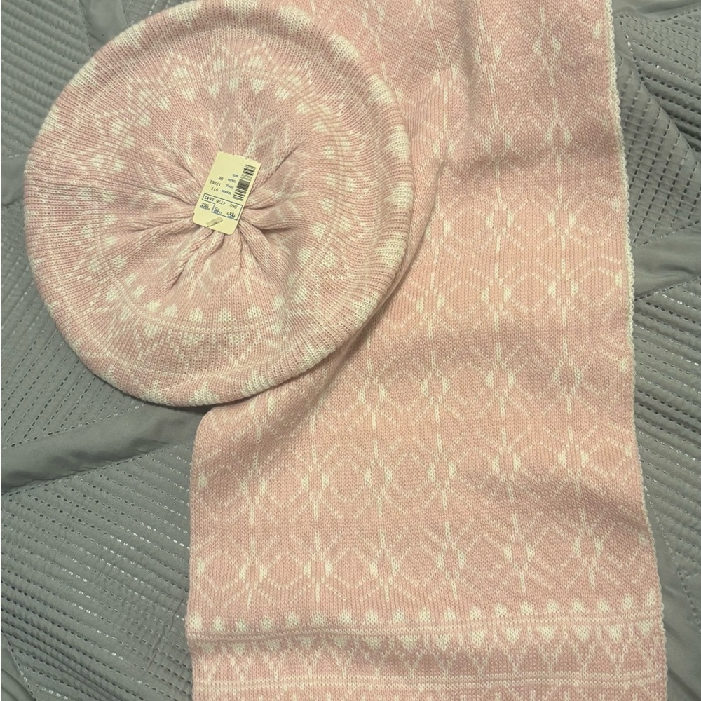 Pink and White Knit Scarf and Beret Set